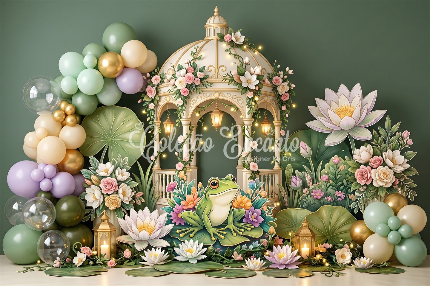 Toile de fond de fête pour enfant avec grenouille bassin de nénuphars et kiosque de jardin CEM65-59
