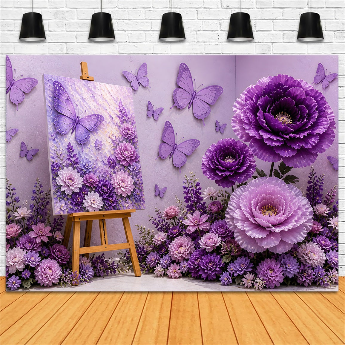 Toile de fond pour enfant avec papillons violets et décor floral artistique CEM65-6