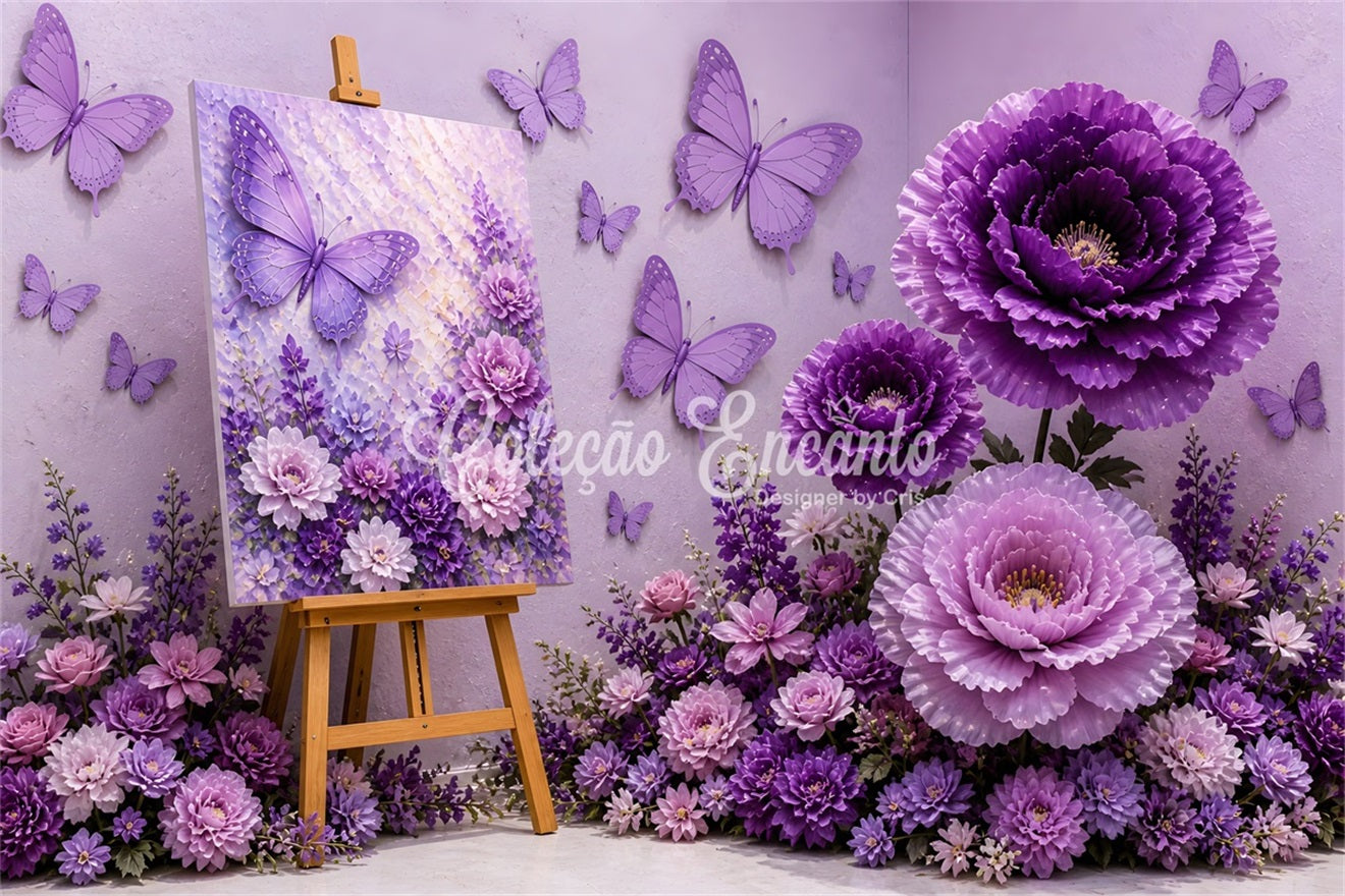 Toile de fond pour enfant avec papillons violets et décor floral artistique CEM65-6