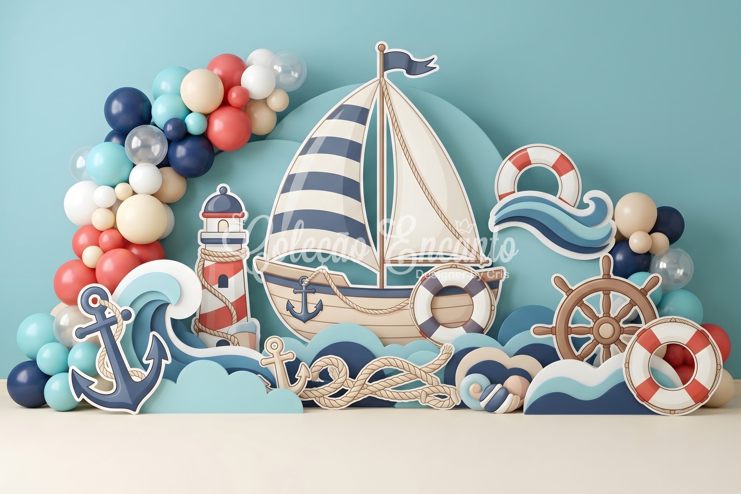 Toile de fond photo pour nouveau-né avec voilier ancre et ballons marins CEM65-60