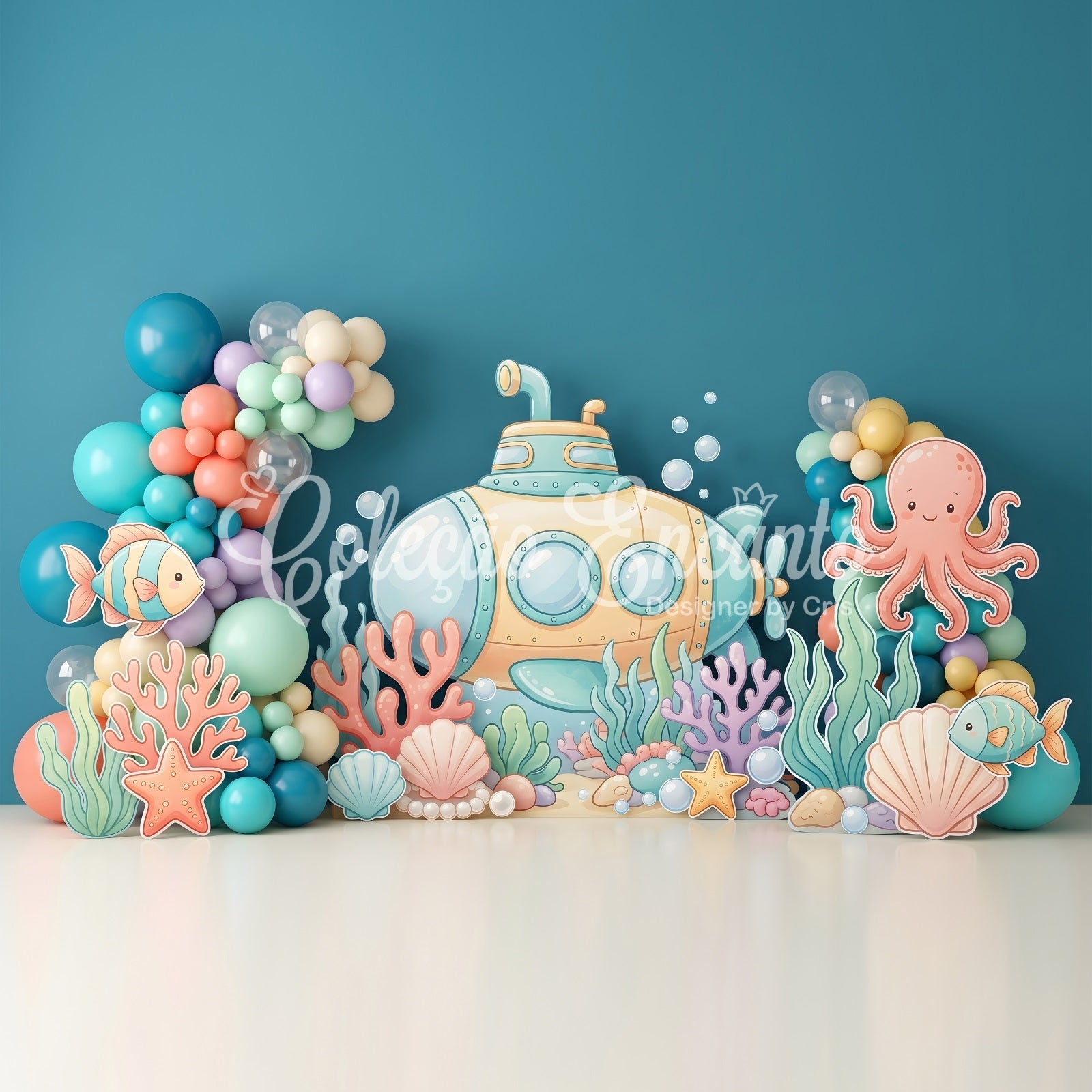Toile de fond photo pour enfant avec sous-marin océan coraux et jardin de ballons CEM65-63