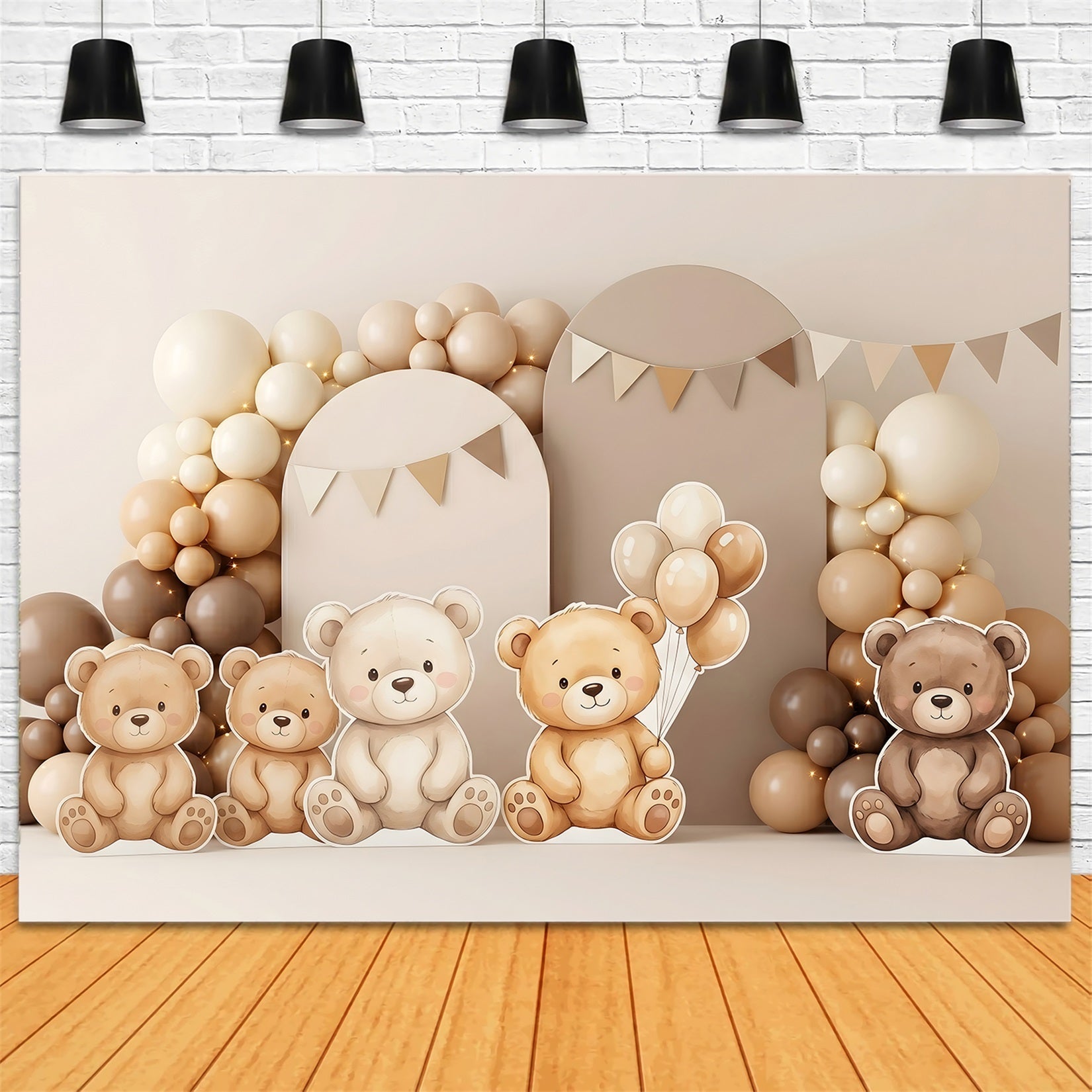 Toile de fond photo neutre pour enfant avec ours en peluche et arche de ballons CEM65-65
