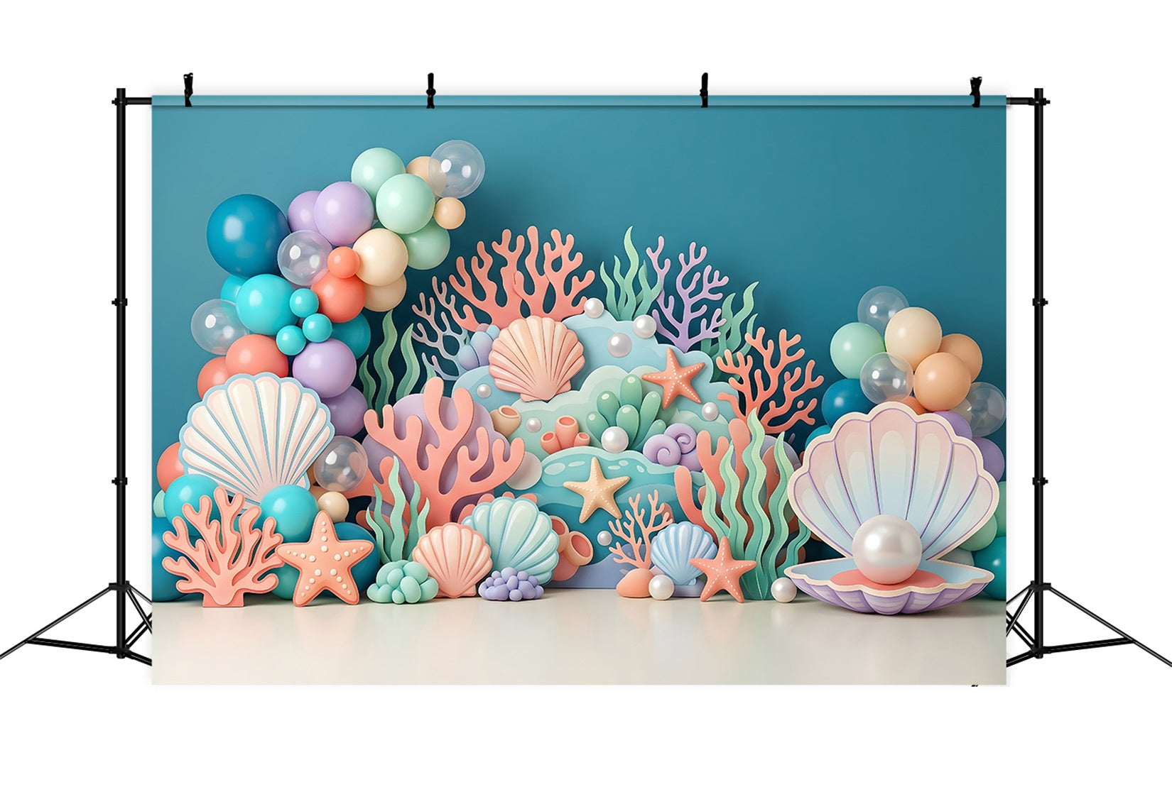 Toile de fond en tissu pour nouveau-né avec coquillages pastel coraux et ballons CEM65-66