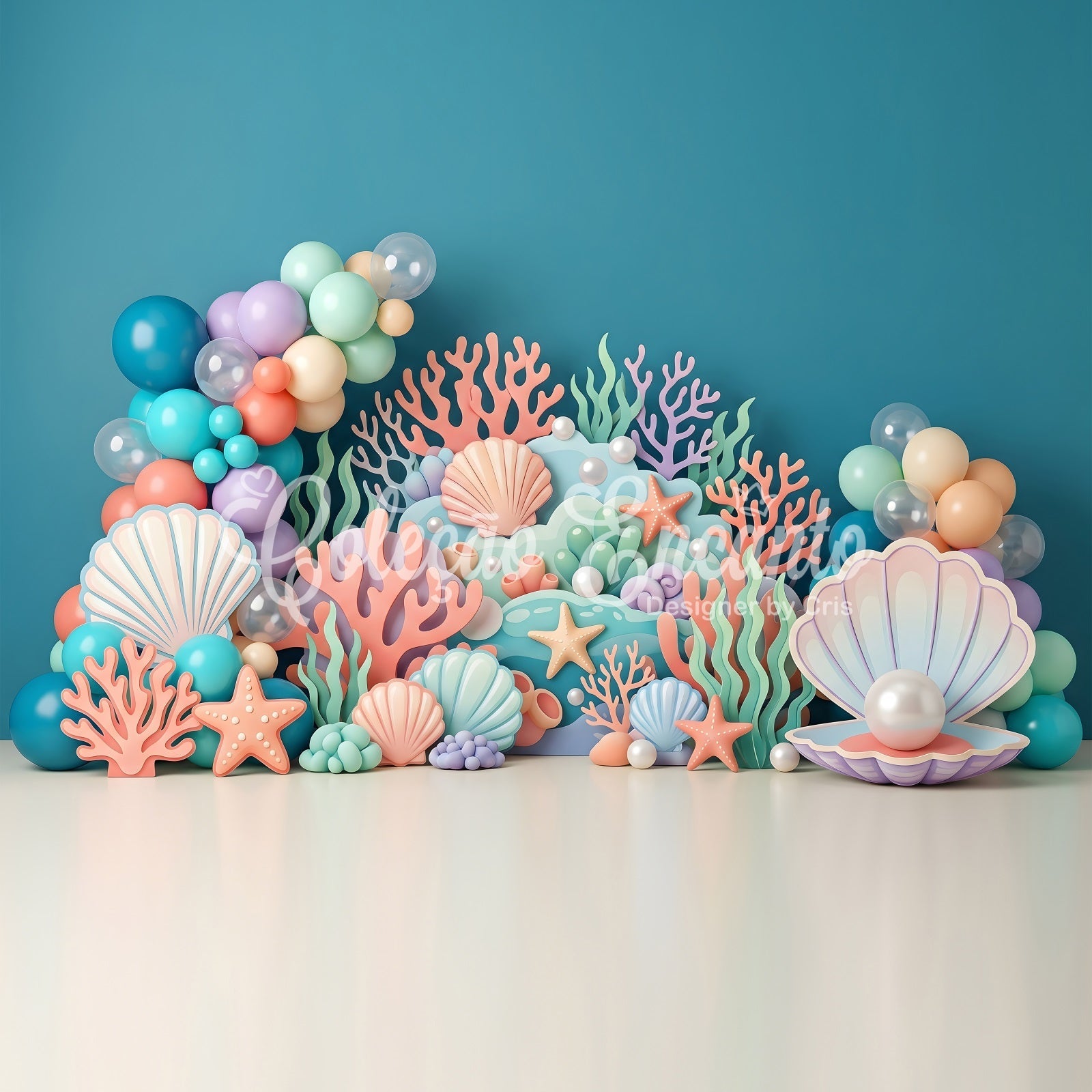 Toile de fond en tissu pour nouveau-né avec coquillages pastel coraux et ballons CEM65-66