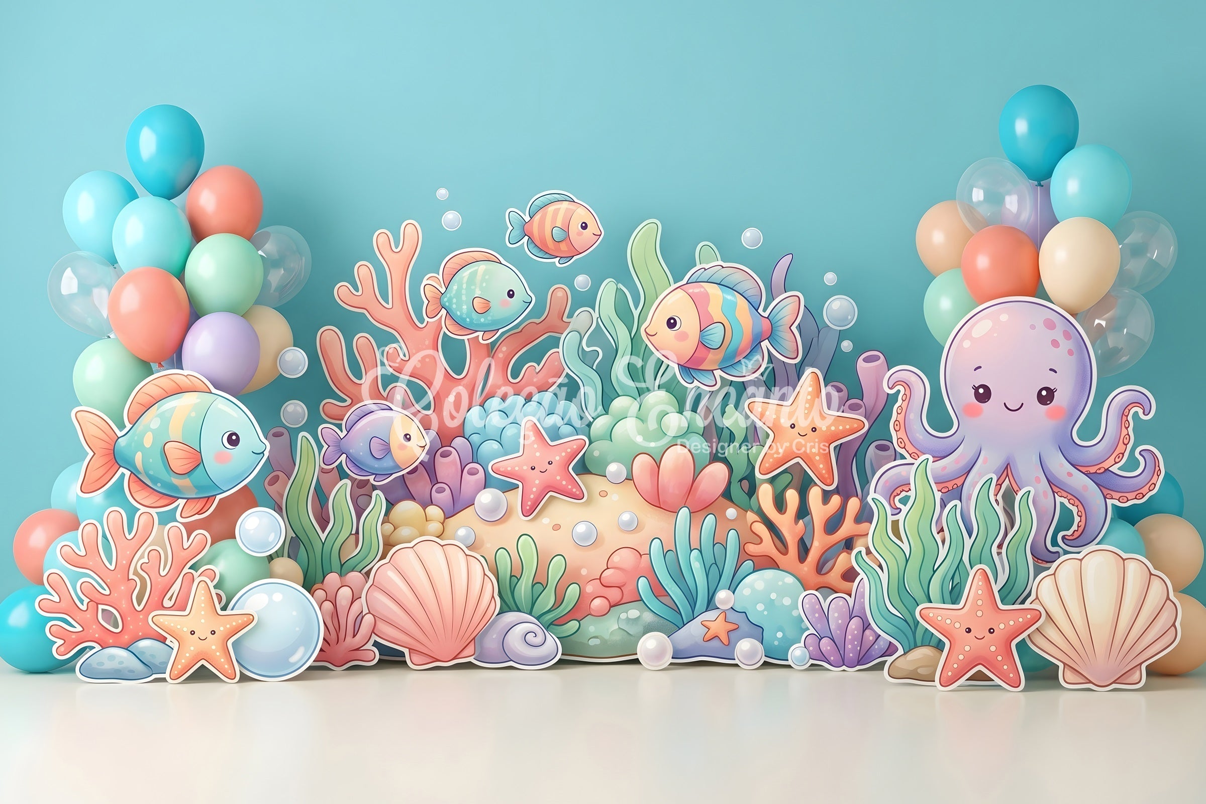 Toile de fond photo pour enfant avec poissons pieuvre et coraux océaniques CEM65-67