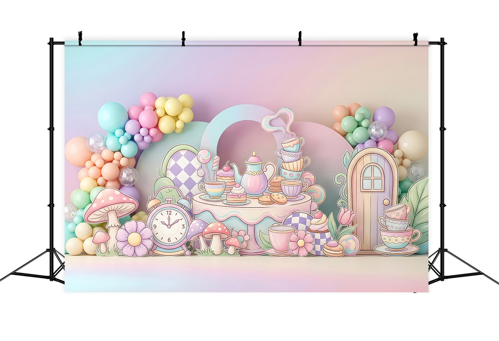 Toile de fond photo pour nouveau-né avec goûter pastel et jardin de champignons CEM65-68