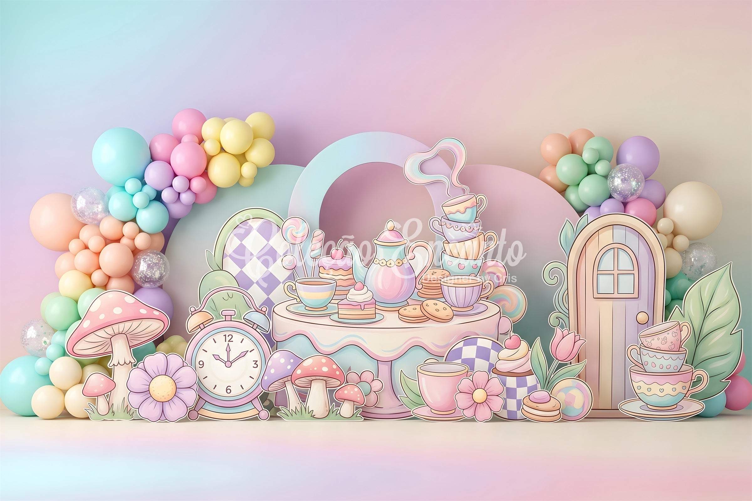 Toile de fond photo pour nouveau-né avec goûter pastel et jardin de champignons CEM65-68