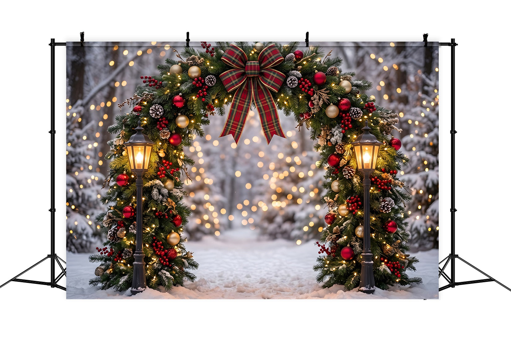 Toile de fond photo de Noël avec forêt enneigée arche à carreaux et couronne CEM65-71