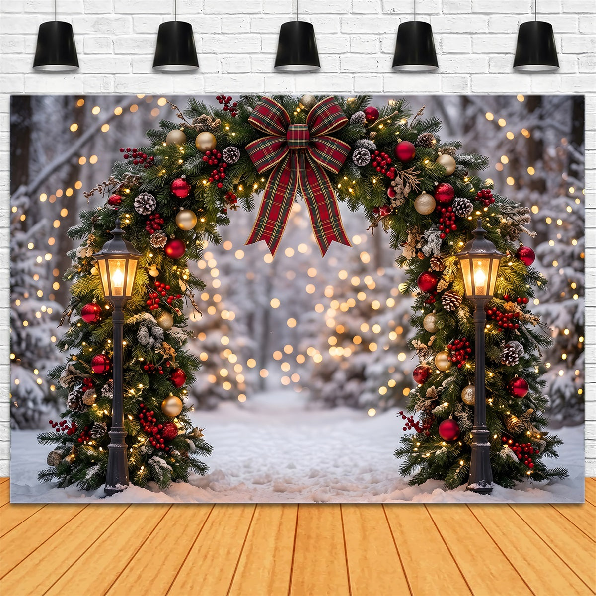 Toile de fond photo de Noël avec forêt enneigée arche à carreaux et couronne CEM65-71