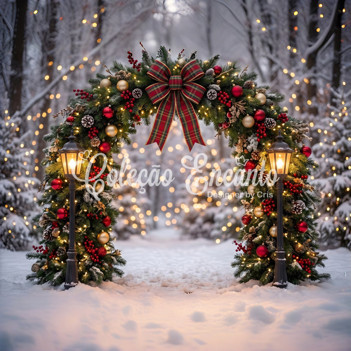 Toile de fond photo de Noël avec forêt enneigée arche à carreaux et couronne CEM65-71