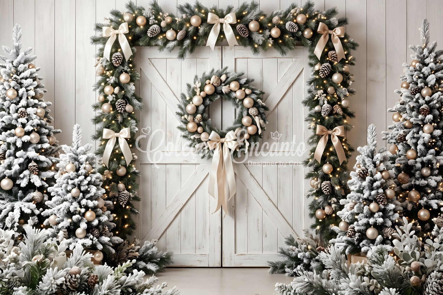 Toile de fond de Noël avec porte de grange givrée et couronne de sapin CEM65-72