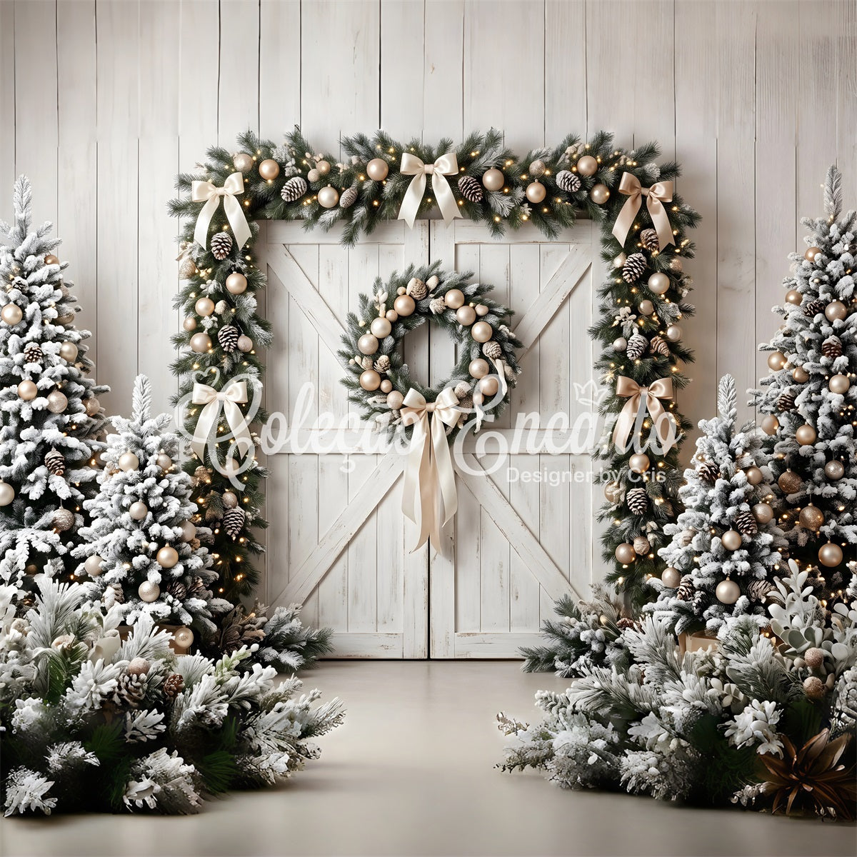 Toile de fond de Noël avec porte de grange givrée et couronne de sapin CEM65-72