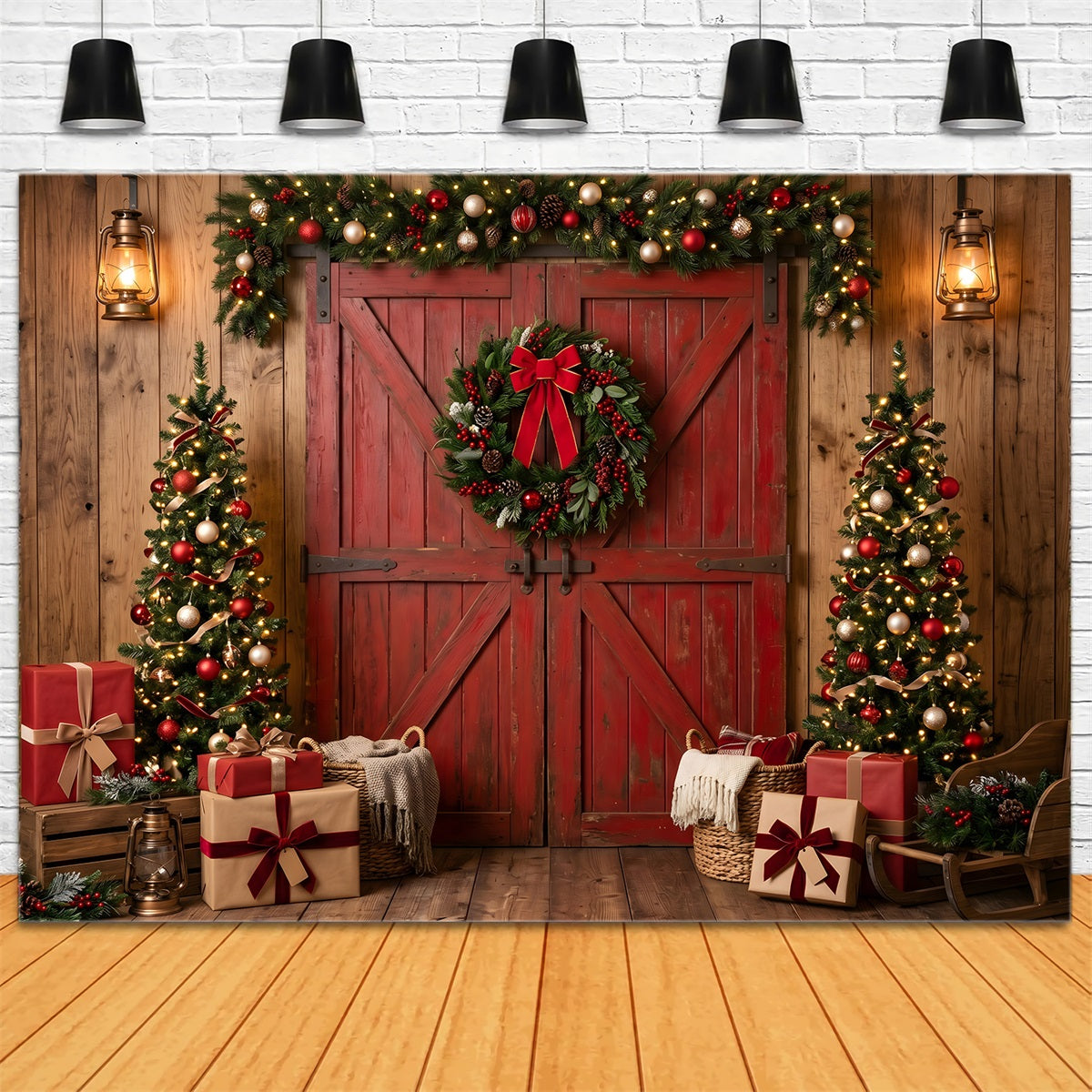 Toile de fond de Noël avec grange rouge rustique couronne et sapins CEM65-73