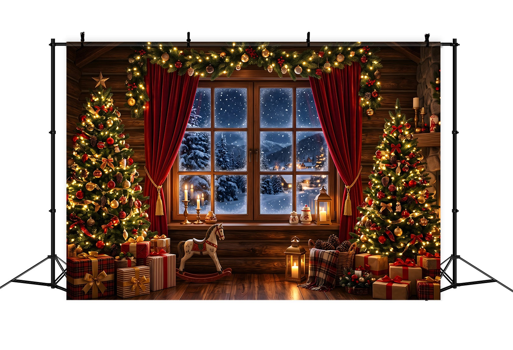 Toile de fond photo de Noël avec chalet chaleureux fenêtre enneigée et sapins CEM65-75