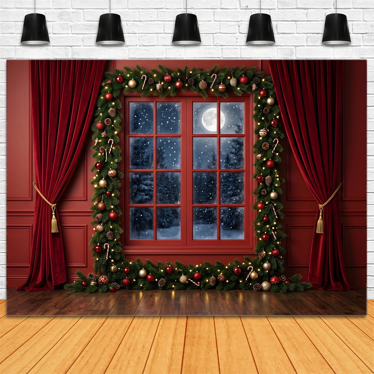 Toile de fond de Noël avec fenêtre rouge cramoisi au clair de lune et guirlande CEM65-77