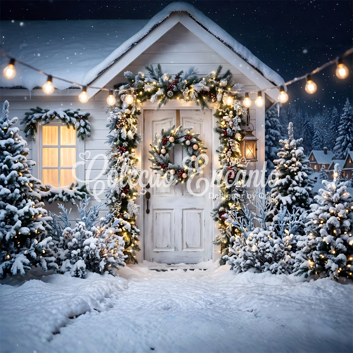 Toile de fond de Noël avec porche blanc enneigé et couronne pour photomaton CEM65-78