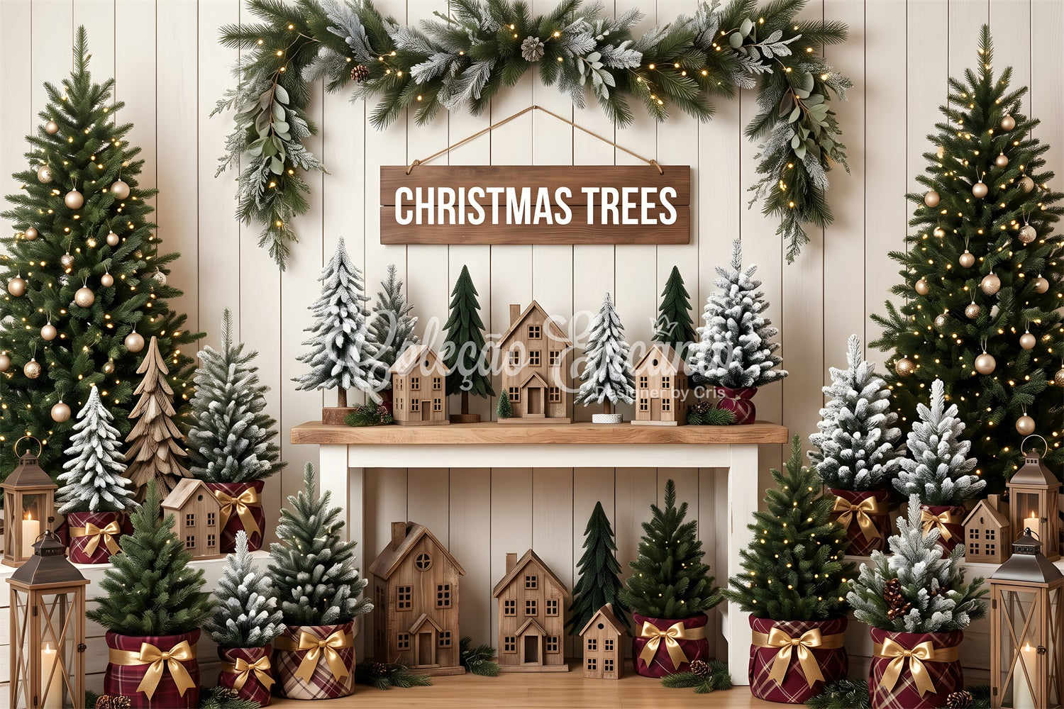 Toile de fond de Noël haute définition avec marché rustique de sapins CEM65-79