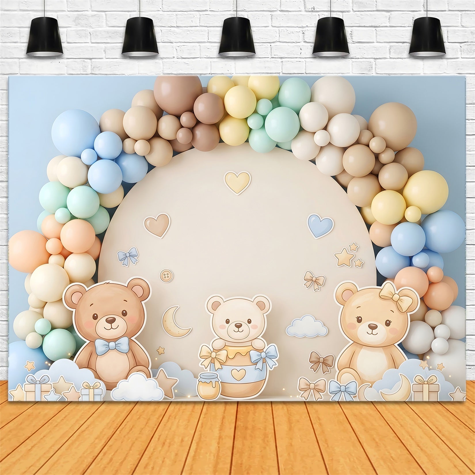 Toile de fond photo pour nouveau-né et enfant avec ours en peluche pastel et arche de ballons CEM65-8