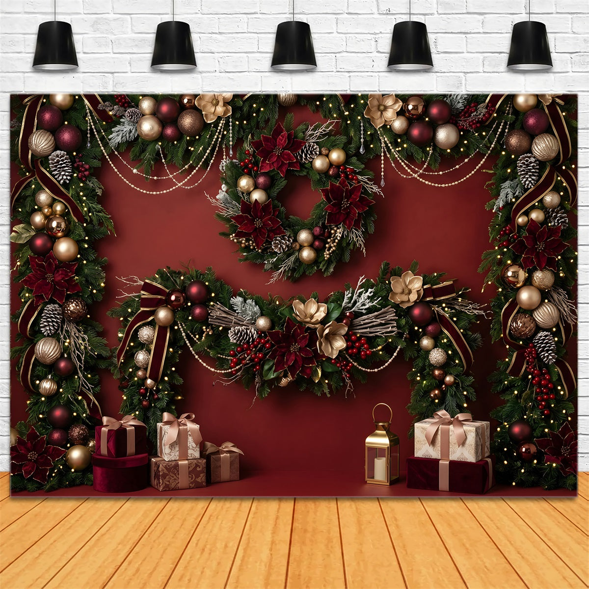 Toile de fond rouge de Noël avec poinsettias bordeaux guirlande et cadeaux CEM65-82