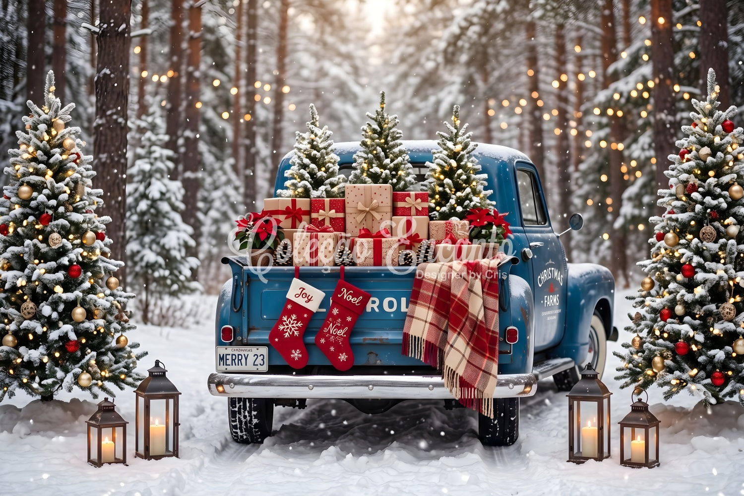 Toile de fond professionnelle de Noël avec camion bleu rétro et forêt enneigée CEM65-84