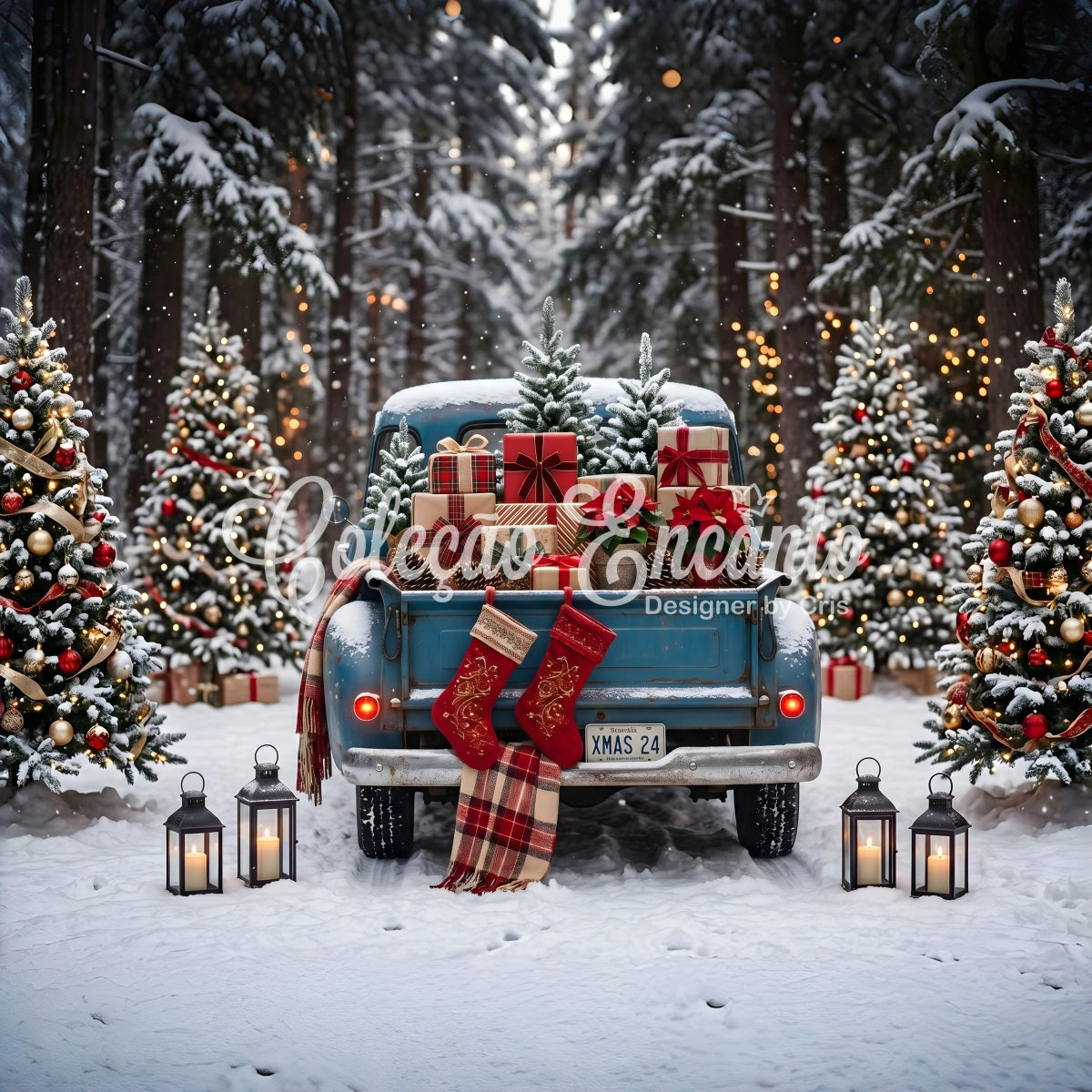 Toile de fond de Noël avec camion bleu rétro forêt et cadeaux CEM65-85