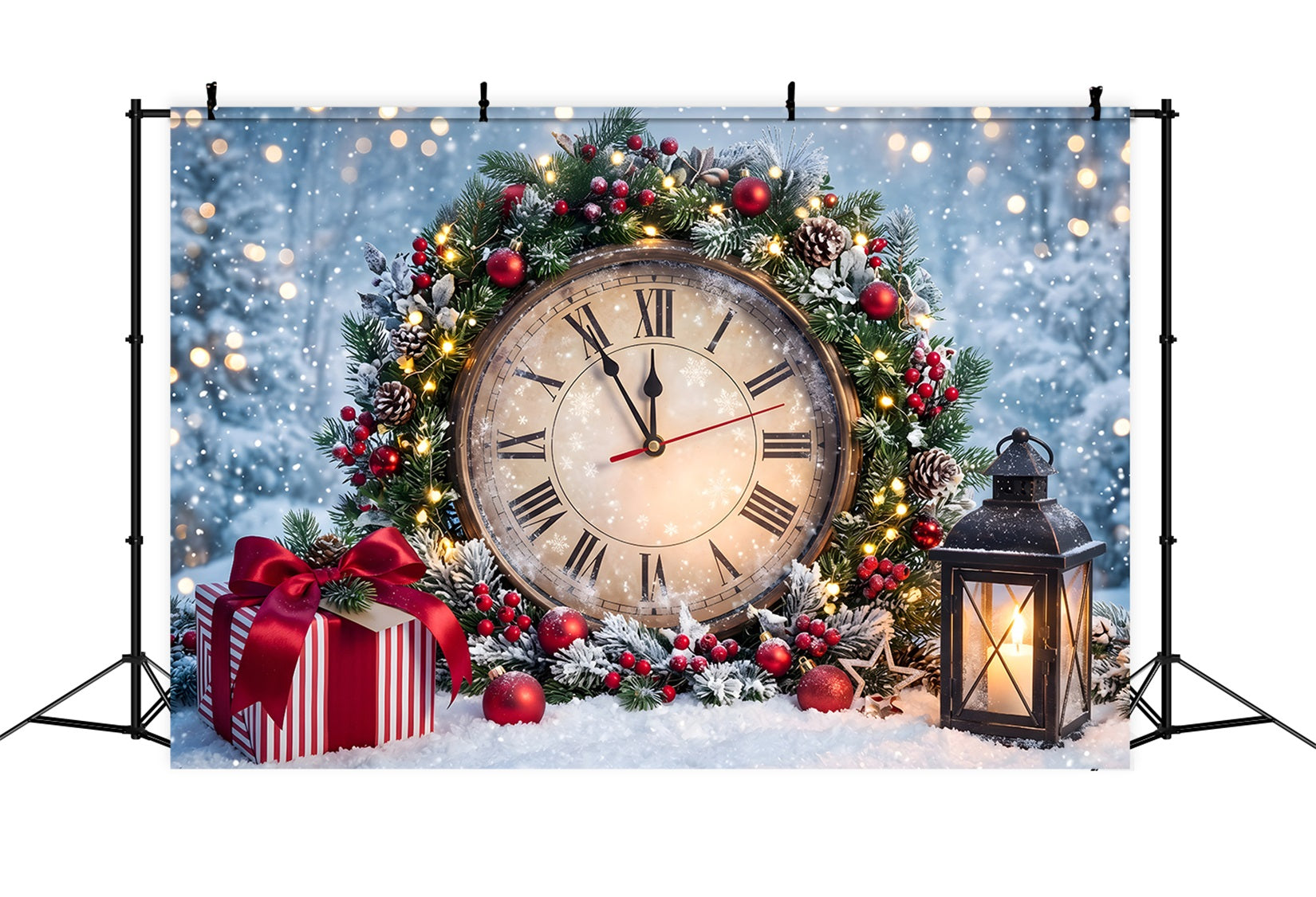 Toile de fond de Noël avec horloge de minuit enneigée couronne et lanterne CEM65-86