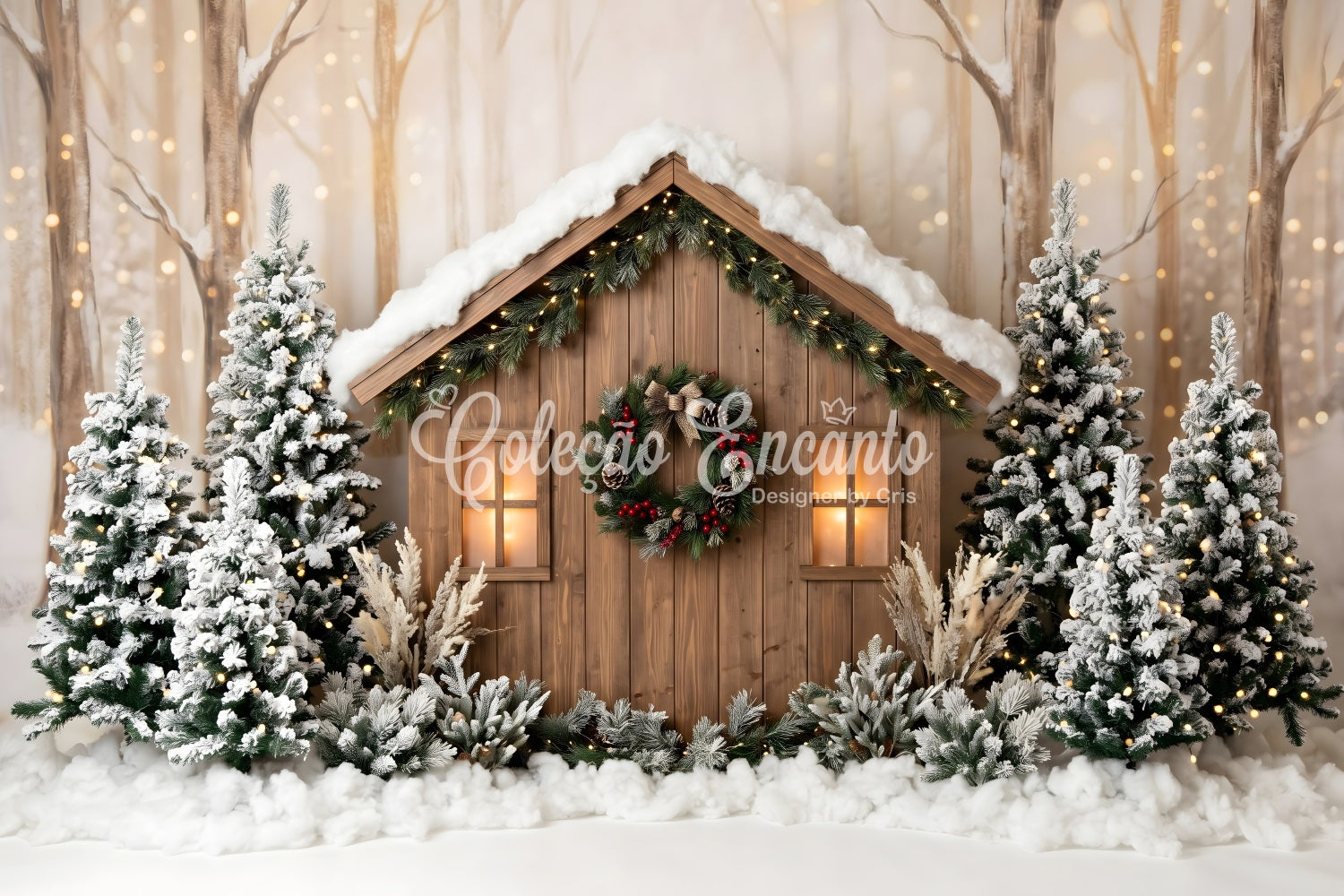 Toile de fond extérieure de Noël avec chalet boisé enneigé et pins lumineux CEM65-87