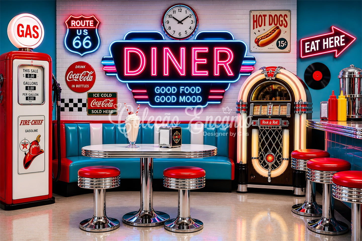 Toile de fond photo pour nouveau-né avec restaurant rétro lumineux banquette et machine musicale CEM65-9