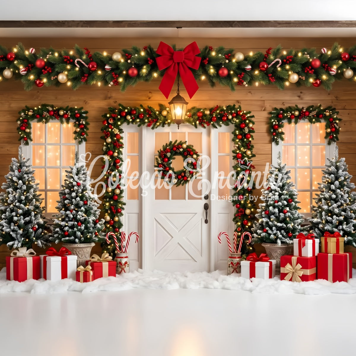 Toile de fond de Noël avec porte ornée d’un nœud rouge guirlande et cadeaux CEM65-90