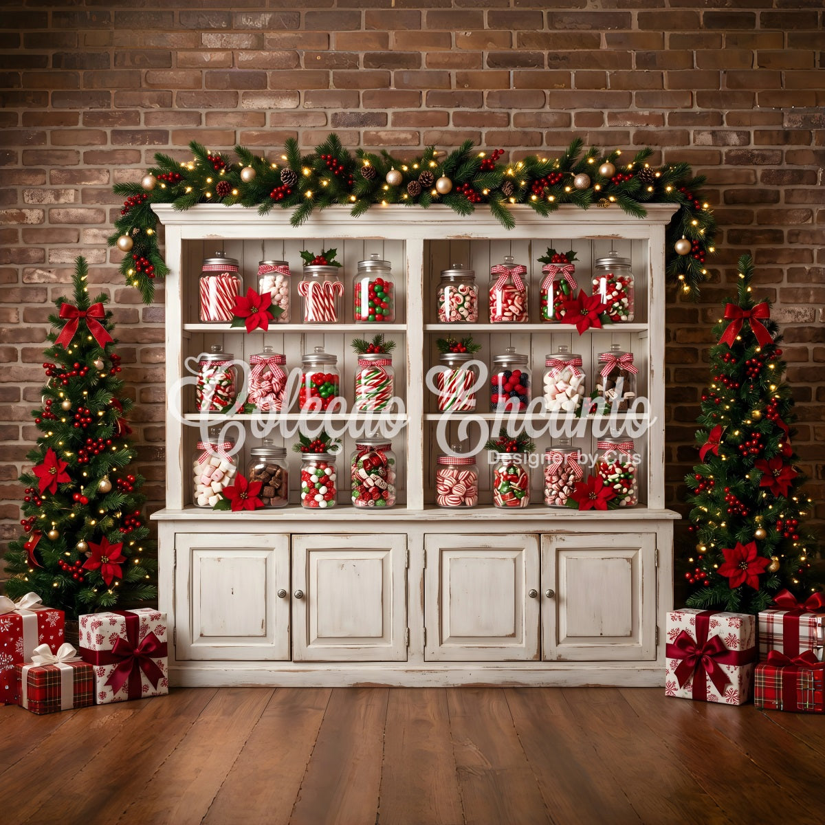 Toile de fond de Noël pour photomaton avec bocaux de bonbons armoire poinsettias et sapins CEM65-91