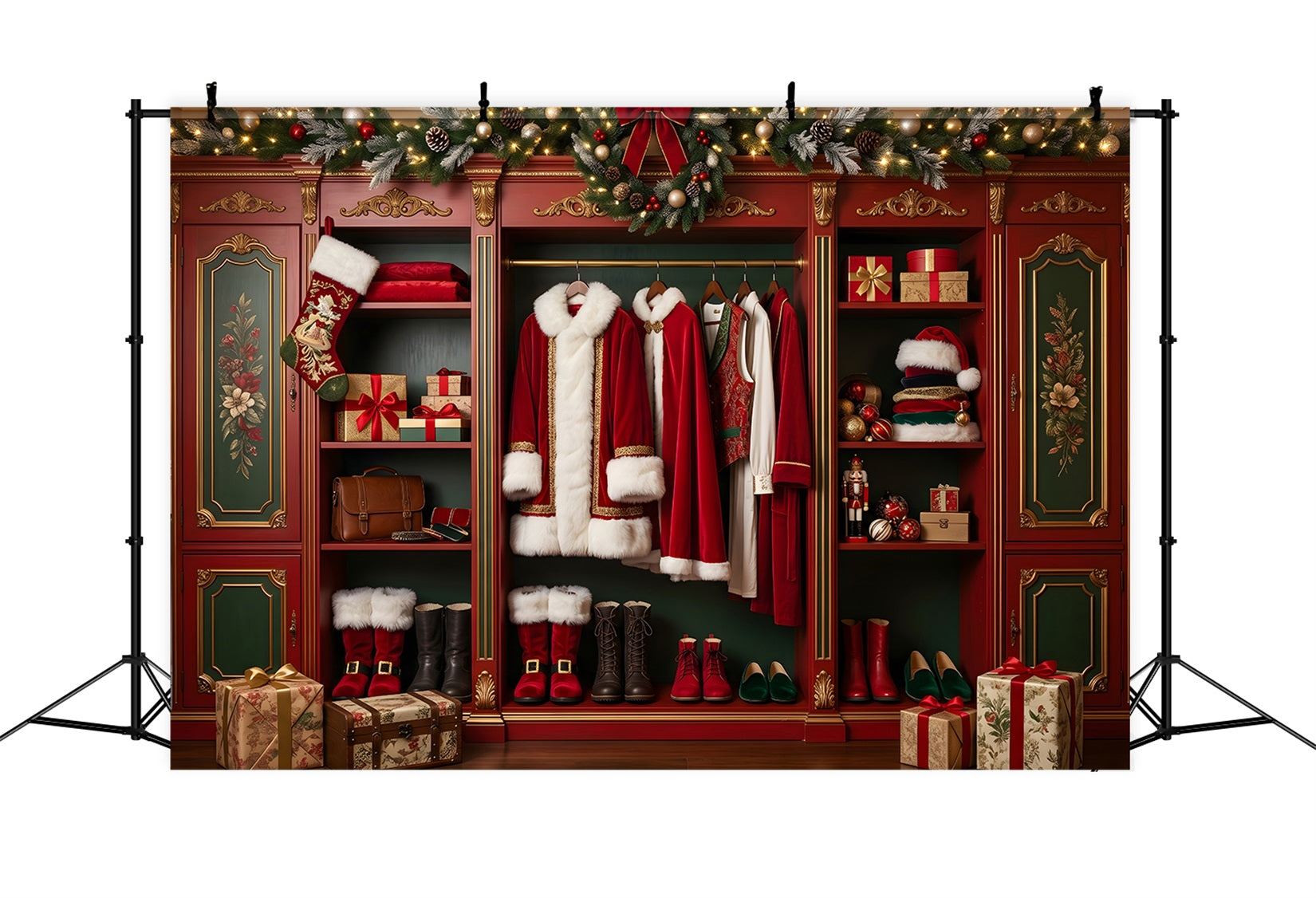 Toile de fond de Noël rétro avec armoire du Père Noël et cadeaux de fête CEM65-98