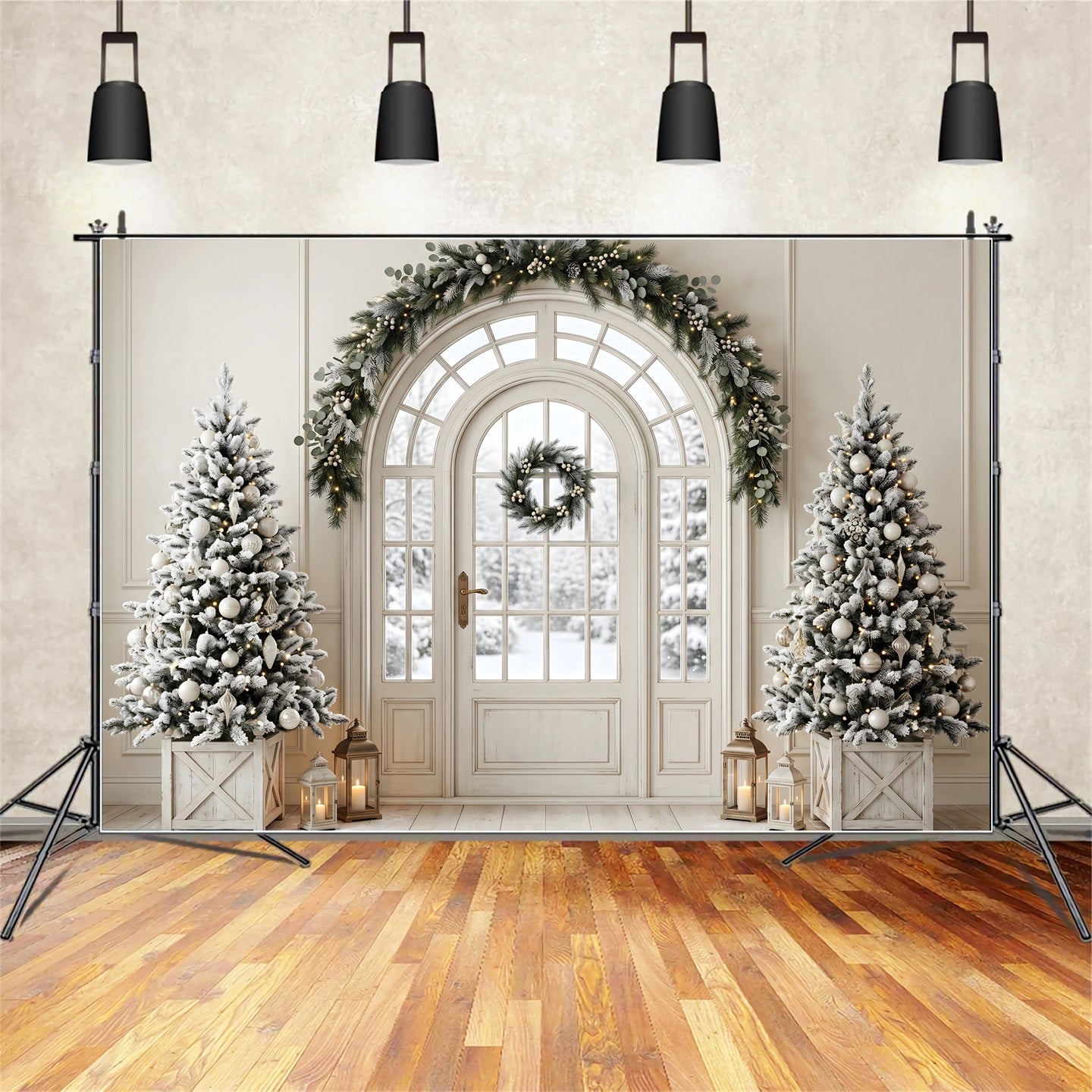 Toile de fond de salon de Noël avec porte givrée sapins et lanternes CEM65-99