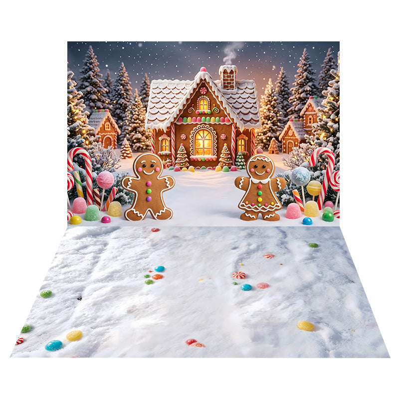 Toile de Fond Maison de Bonbons en Pain d’Épices + Toile de Sol Neige et Confiseries Colorées CEMCBS65-10