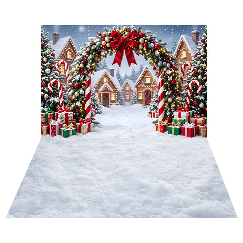 Toile de Fond Arche de Village aux Sucres d’Orge + Toile de Sol Texture Neige Douce CEMCBS65-19