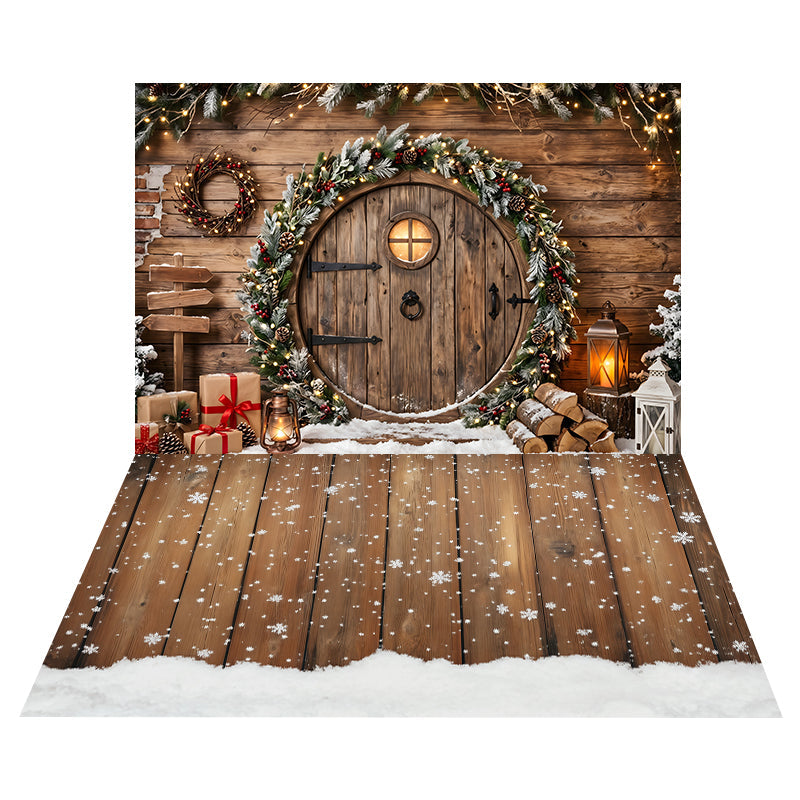 Toile de Fond Porte Ronde Rustique avec Guirlande + Toile de Sol en Bois aux Flocons de Neige CEMCBS65-20