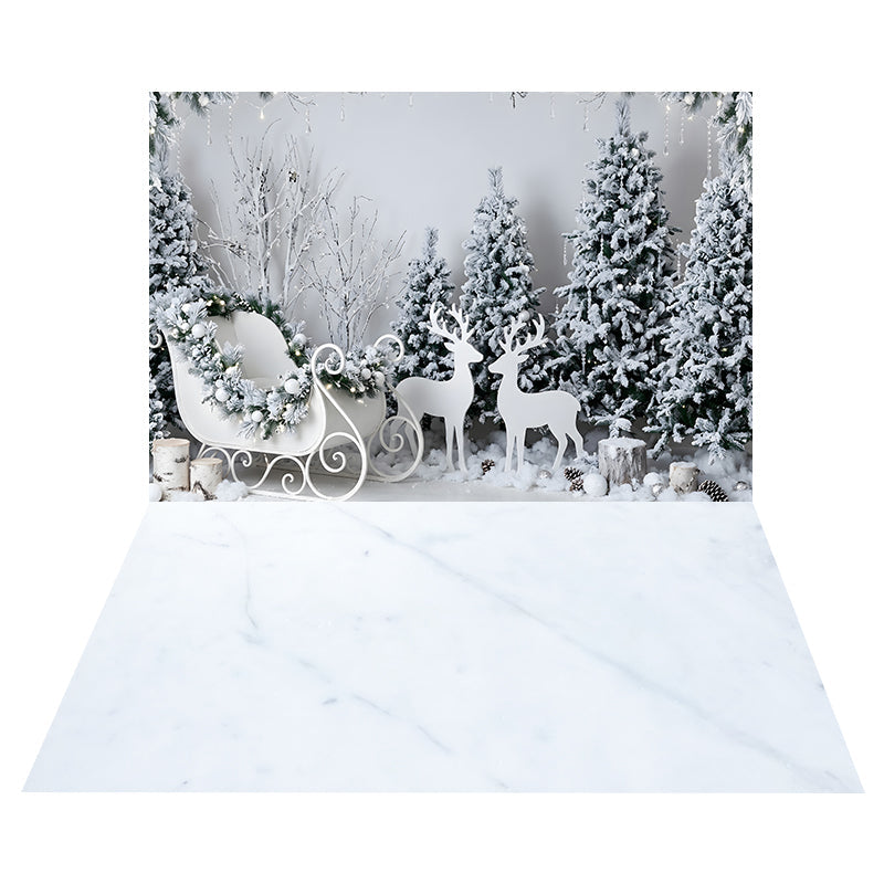 Toile de Fond Traîneau Blanc avec Rennes en Forêt + Toile de Sol Texture Marbre Blanc CEMCBS65-25