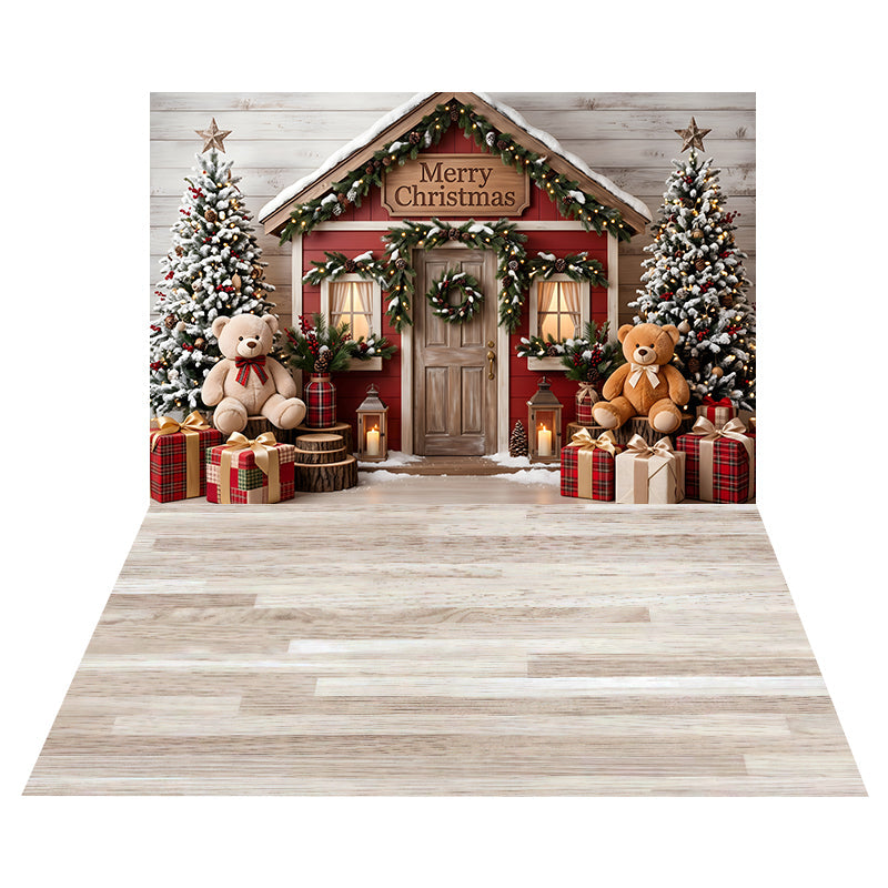 Toile de Fond Cottage de Noël avec Ourson + Toile de Sol en Chêne Blanchi CEMCBS65-38