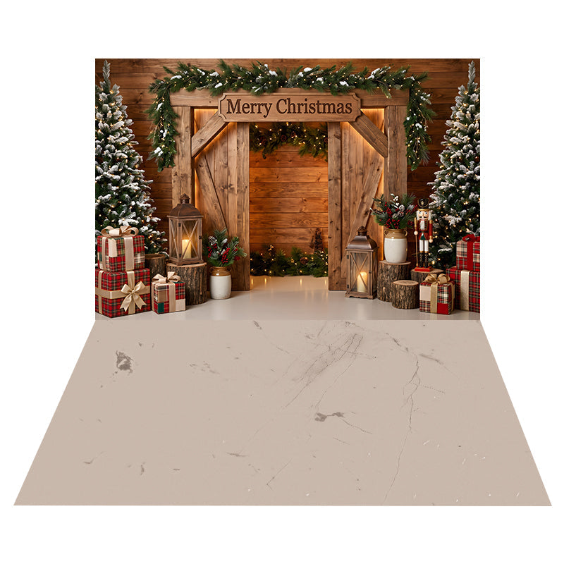 Toile de Fond Grange de Noël Rustique + Toile de Sol en Marbre Ivoire Chaud CEMCBS65-39