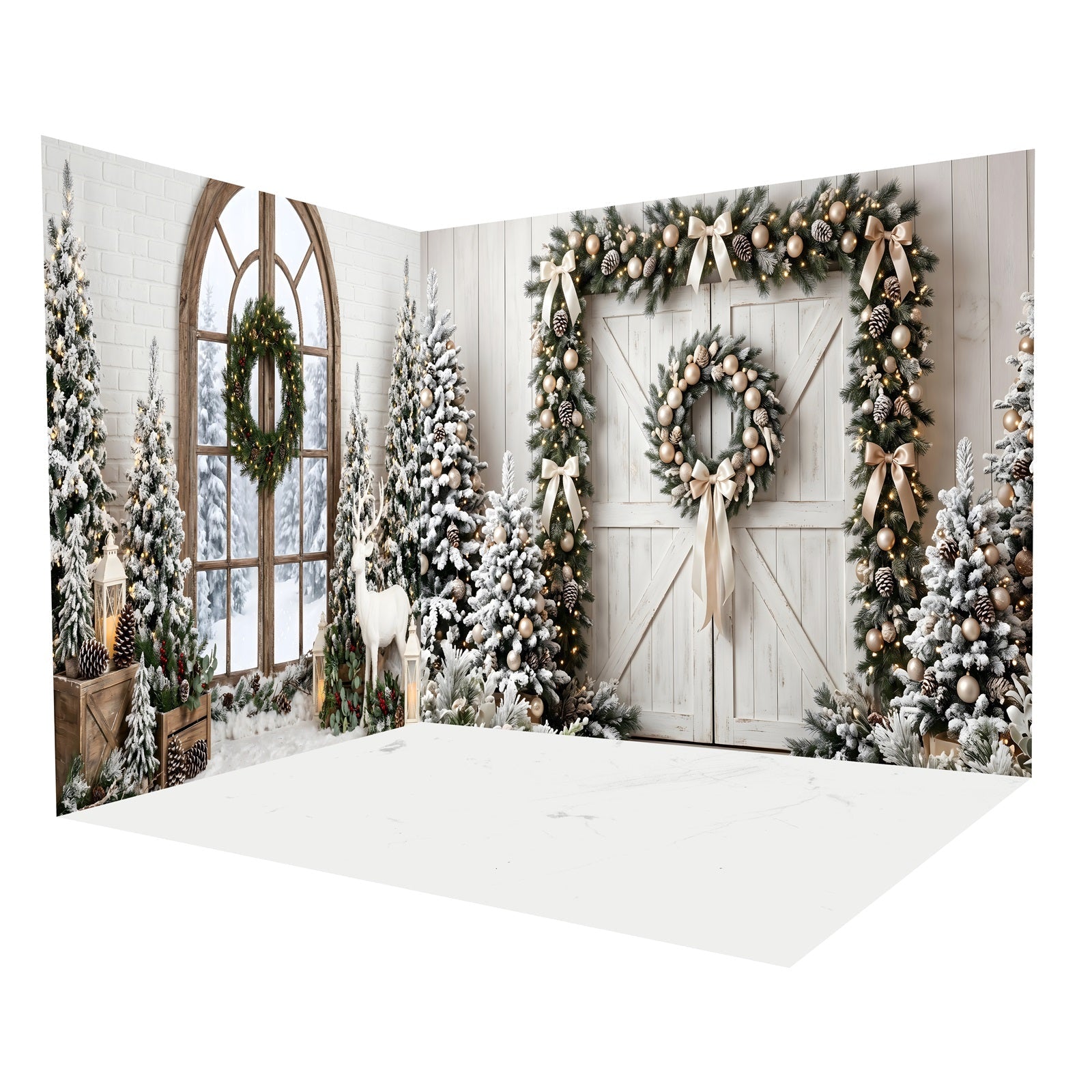 Toile de Fond de Noël Entrée de Grange Blanche Enneigée Ensemble Décor de Studio CEMRMS65-1