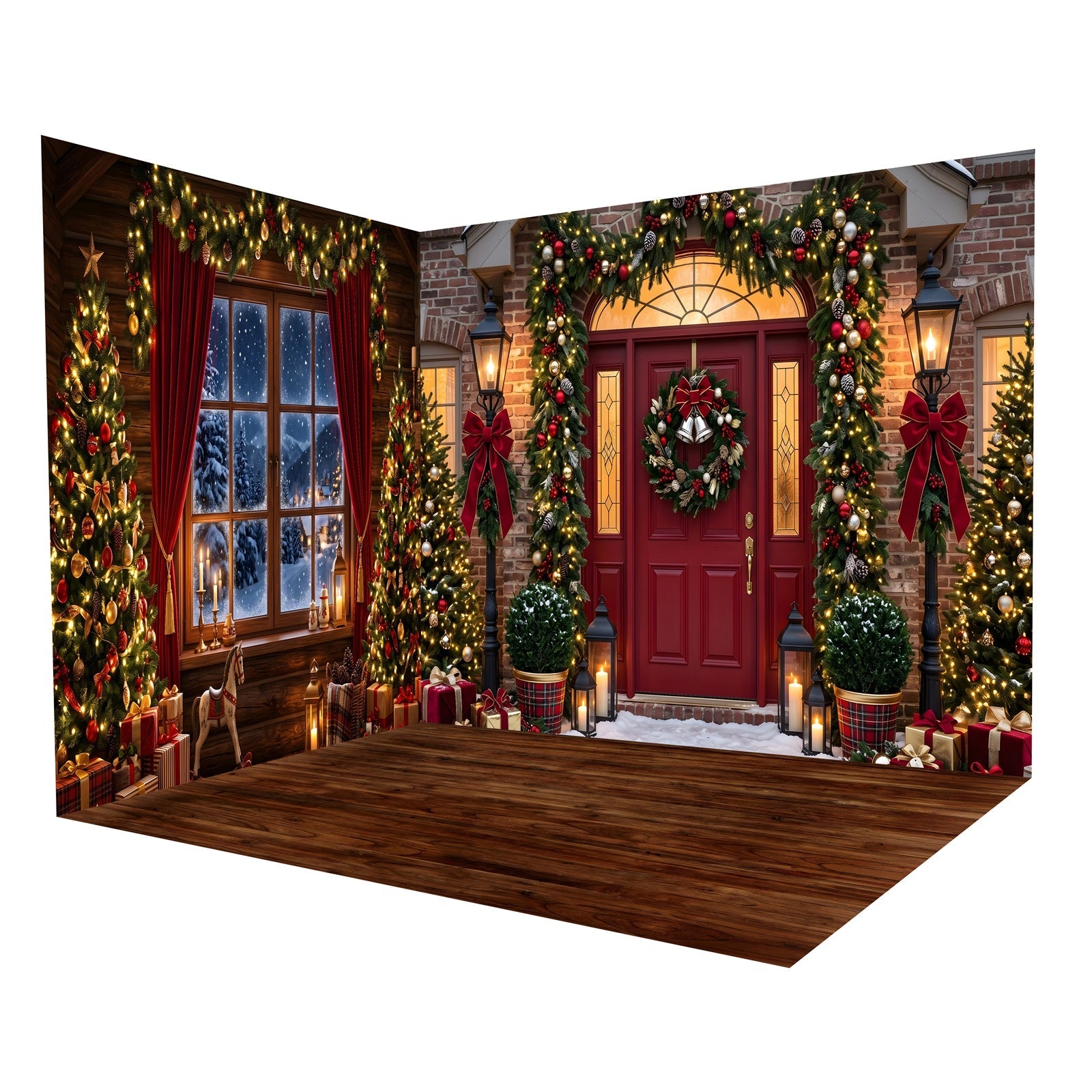 Toile de Fond de Noël Porte Rouge avec Vitrine Décorée Ensemble Décor de Studio CEMRMS65-2