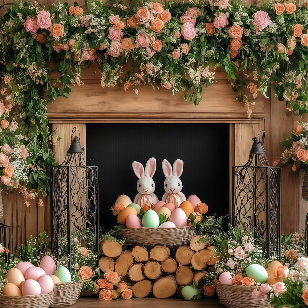 Toile de fond Déco Pâques Lapin Floral Cheminée CJJ-169