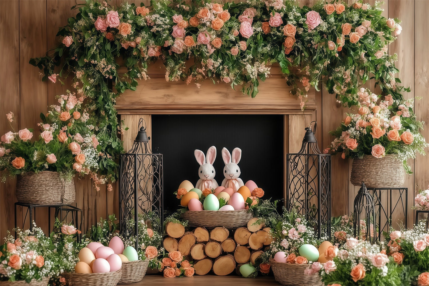 Toile de fond Déco Pâques Lapin Floral Cheminée CJJ-169