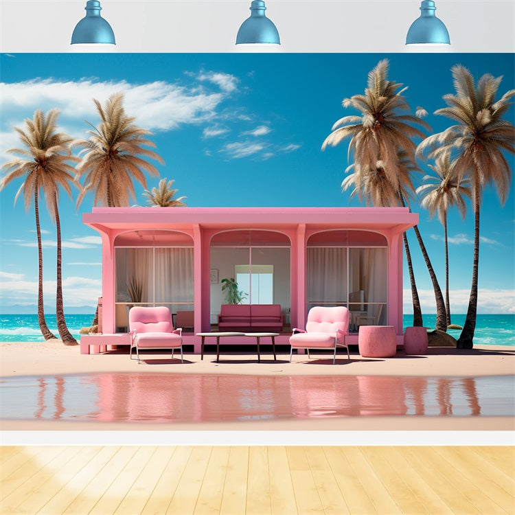 Toile de fond Poupée Mode Plage Palmiers Bungalow Rose CJJ2-100