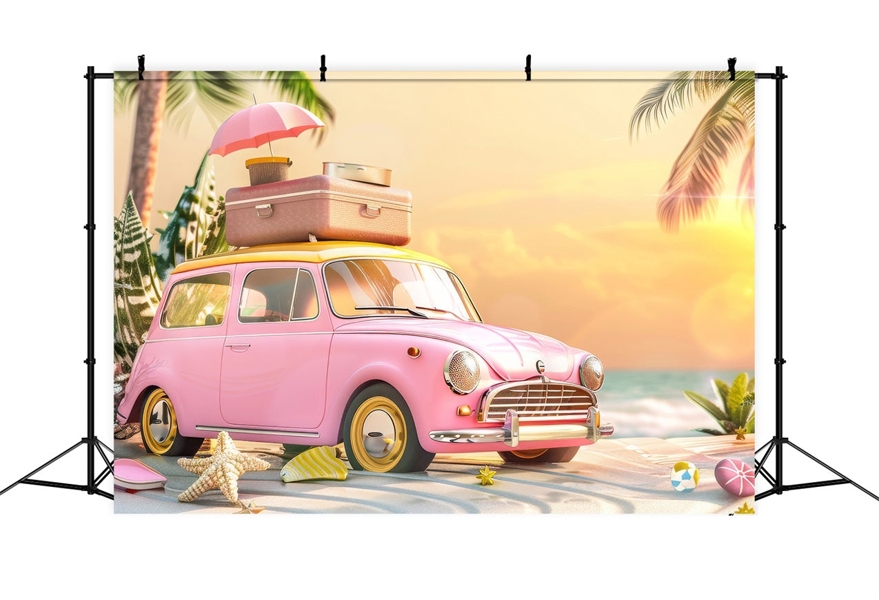 Toile de fond Fille Rose Voiture Rétro Plage Rose CJJ2-102