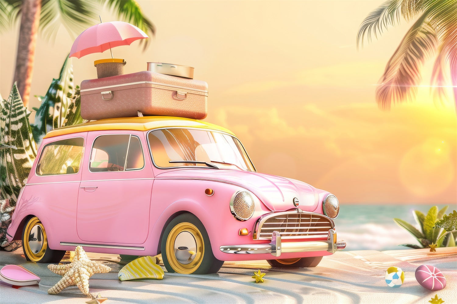 Toile de fond Fille Rose Voiture Rétro Plage Rose CJJ2-102