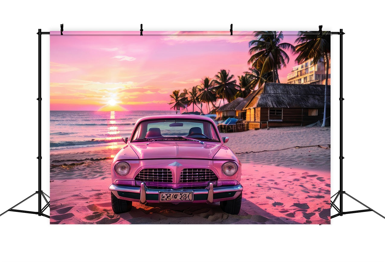 Toile de fond Fille Rose Design Coucher de Soleil Voiture Bord de Mer CJJ2-115