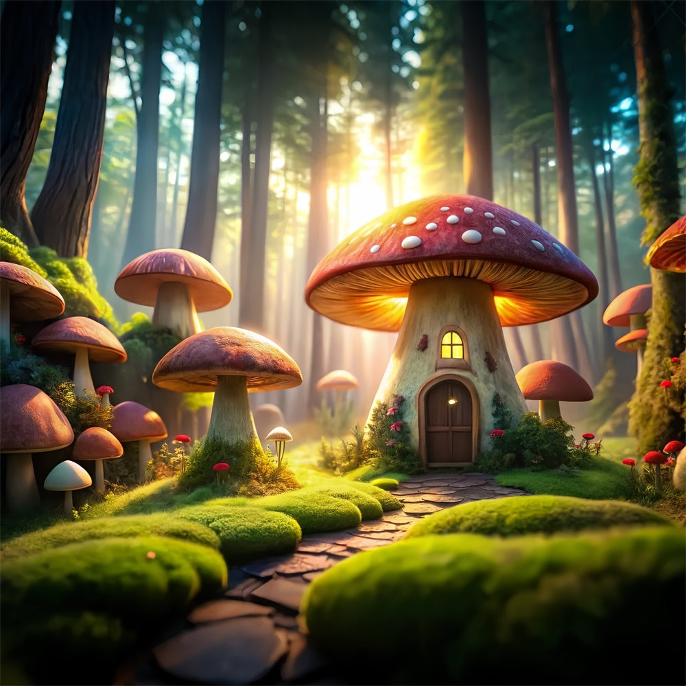 Toile de Fond Conte de Fées Forêt Cabane Mystique Champignons CJJ2-119