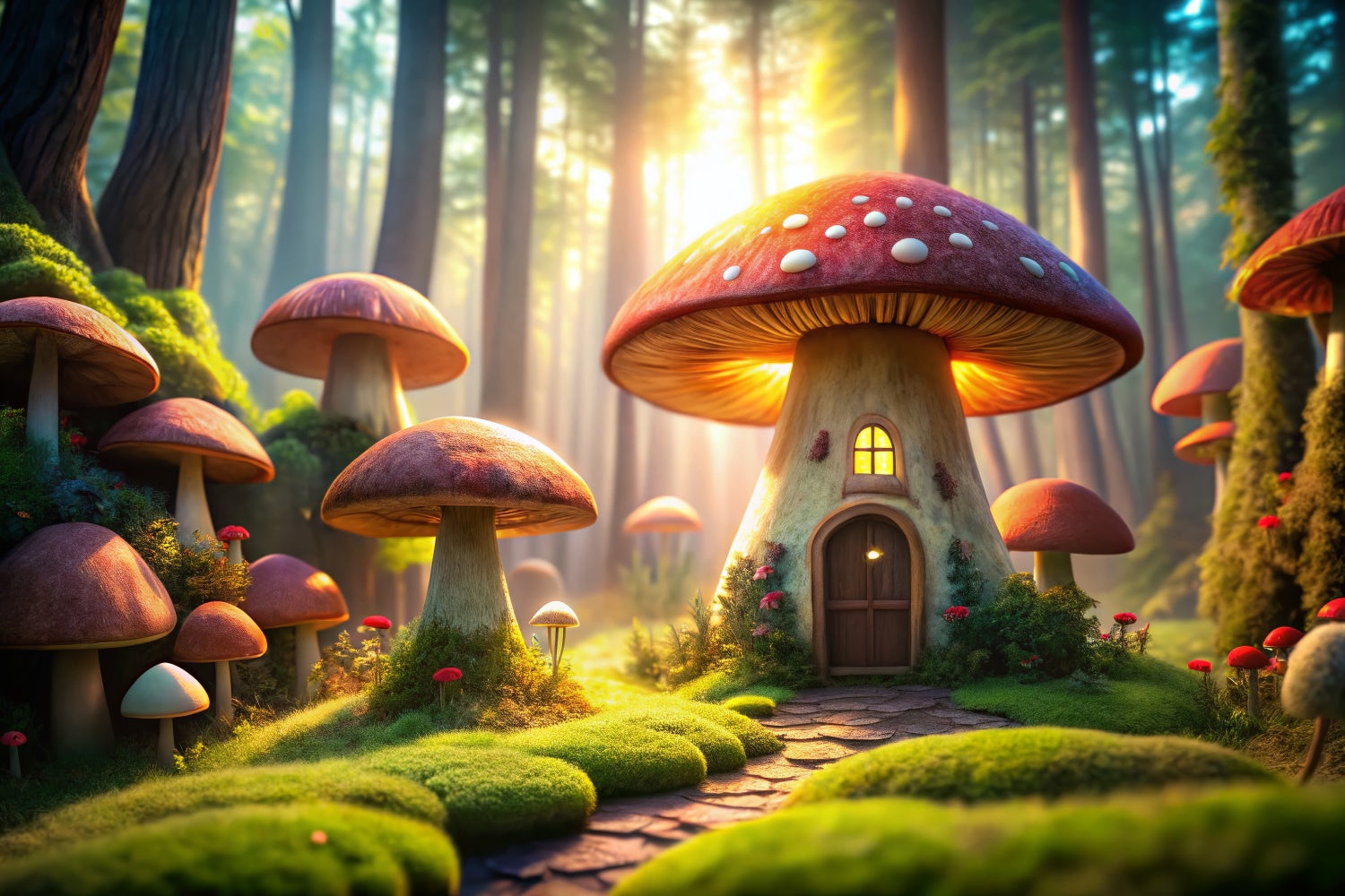 Toile de Fond Conte de Fées Forêt Cabane Mystique Champignons CJJ2-119