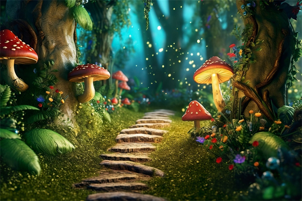 Toile de Fond Fantaisie Forêt Sentier Champignons Lumineux CJJ2-120