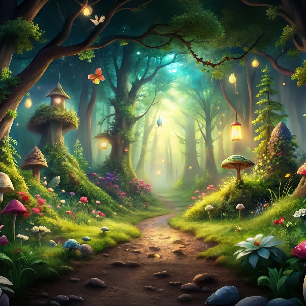 Toile de Fond Fantaisie Forêt Sentier Lanternes Champignons Magiques CJJ2-125